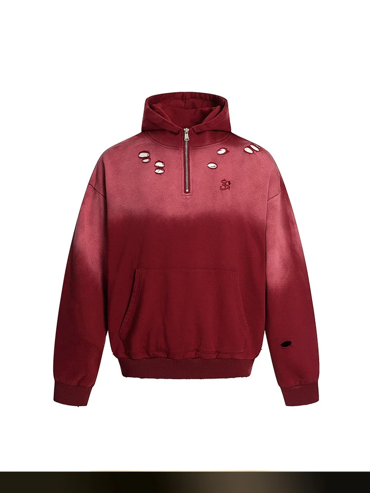 

NTED American Retro Waed Ripped f Zip Hoodie Men's Casual Couple Overhead irt Loose Fit Youth Trend Spring Autumn