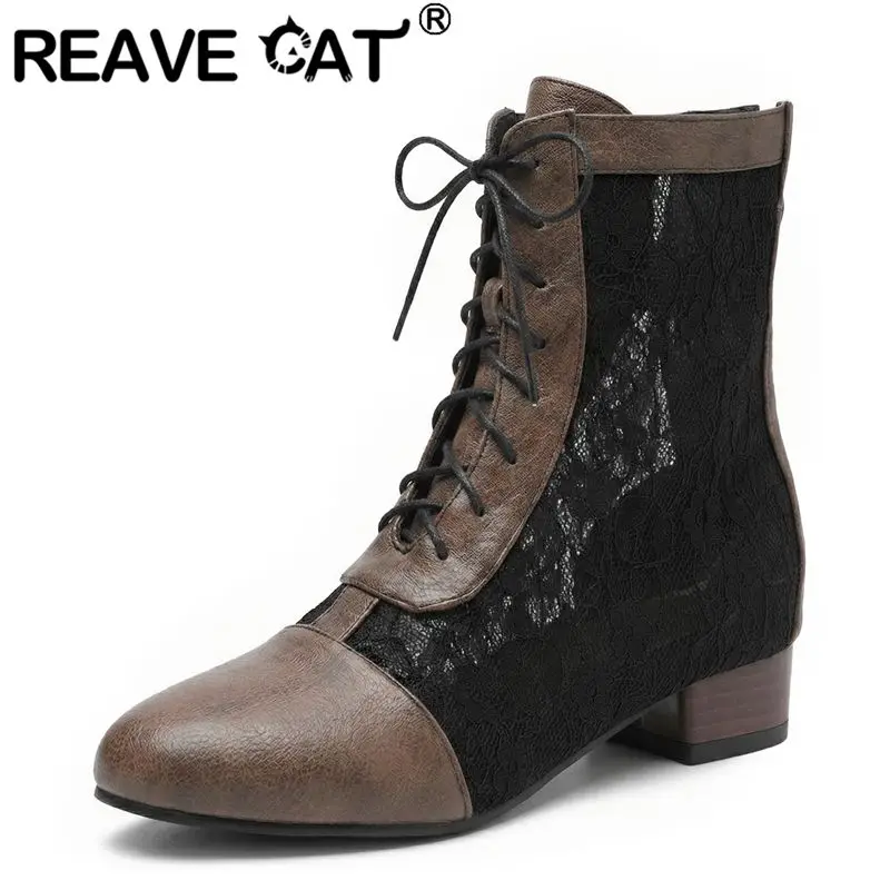 REAVE CAT Brown Female Mid Calf Boots Round Toe 3cm Block Heel Lace Up Mixed Color Breathable Big Size 48 49 50 Handmade Botas