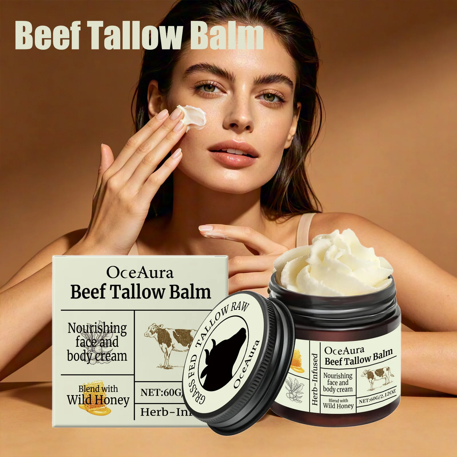 OceAura Beef Tallow Balm Wild Honey Infused Deep Moisturizing Gentle Sensitive Skin Friendly Facial Body Nourishing Care Cream
