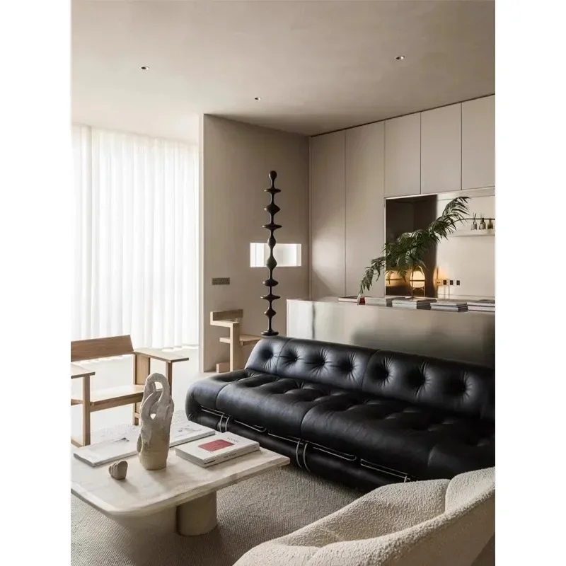 

Medieval style sofa living room small apartment design French retro leather first layer cowhide