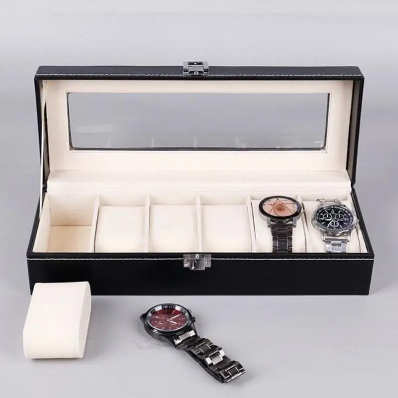 6 Slots Leather Watch Storage Box Organizer New Mechanical Mens Watch Display Holder Cases Black Jewelry Gift Boxes Items