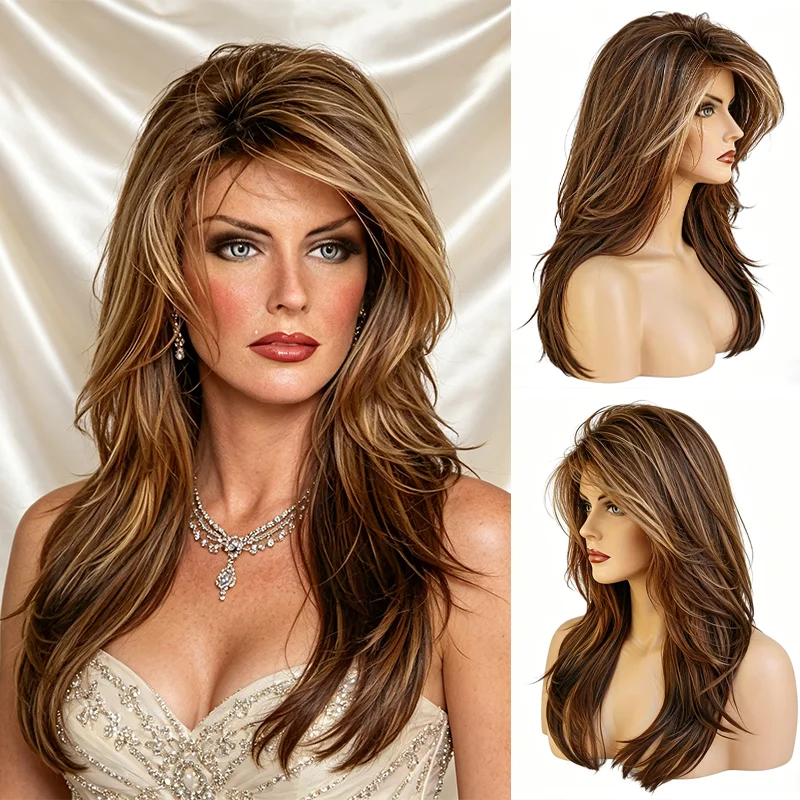 Chestnut gold ombre layered long wavy synthetic wig with side-swept bangs, voluminous big waves for Halloween