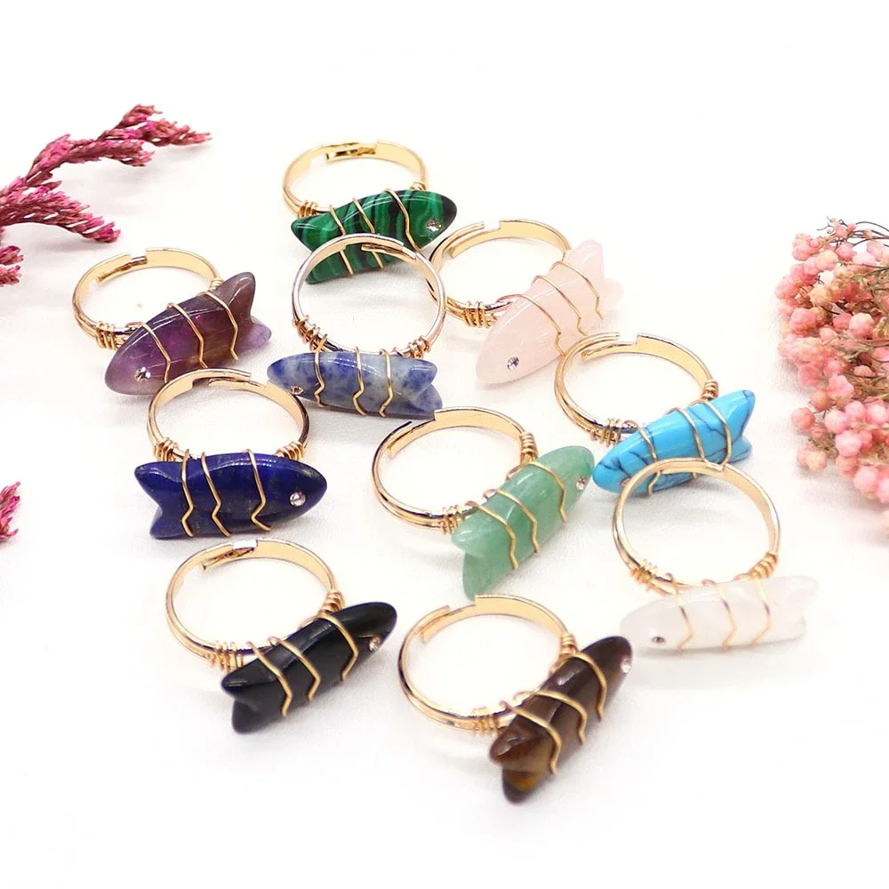Handmade Wire-wrapped Open Adjustable Ring Jewelry Accessory with Polished Fish-shaped Lapis Lazuli Natural Stone Crystal Agate