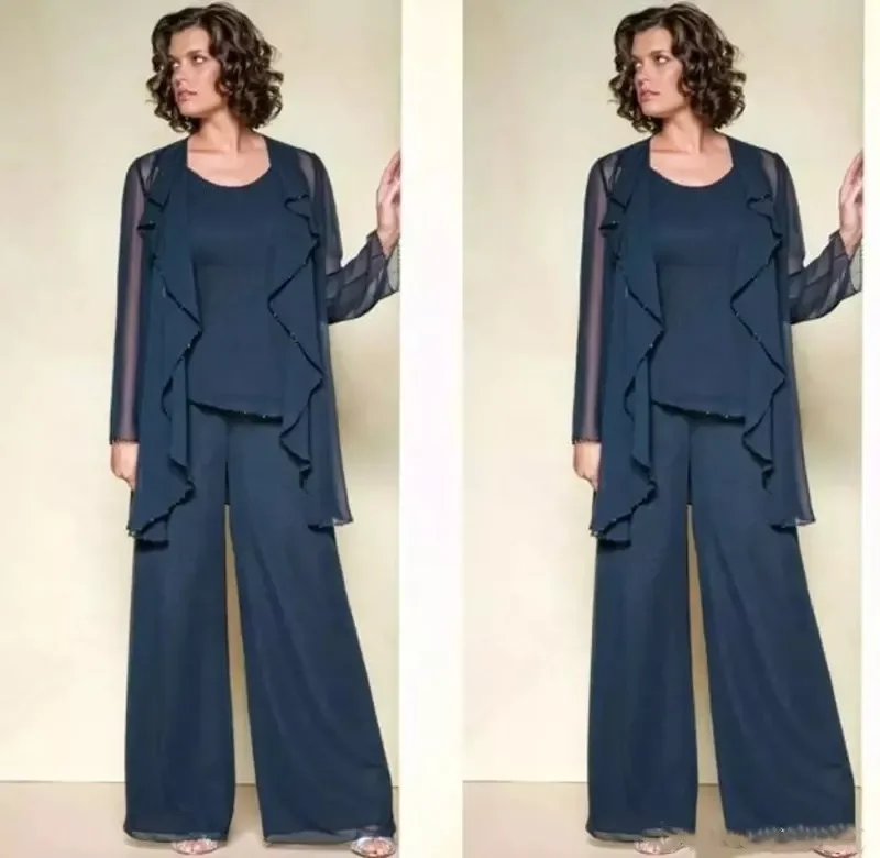 

Elegant Three Pieces Mother Of The Bride Pant Suits Jewel Neck Beaded Wedding Guest Dress Plus Size Cheap Mothers Groom Dresses
