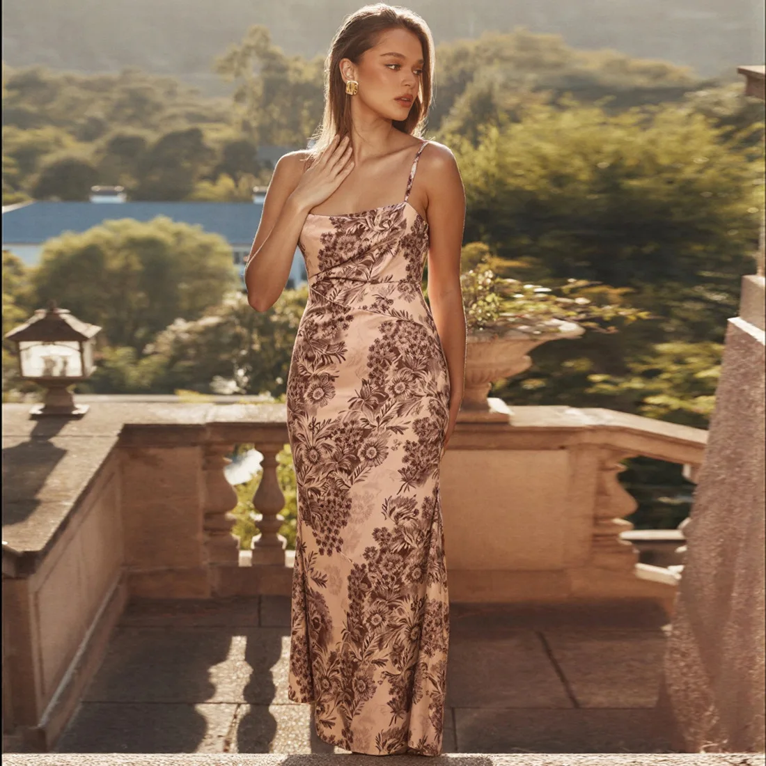 

Spaghetti Strap Floral Print Women Prom Dress Backless Sleeveless Party Gown Brown High Waist Evening Skirt 2025 Newest In Stock