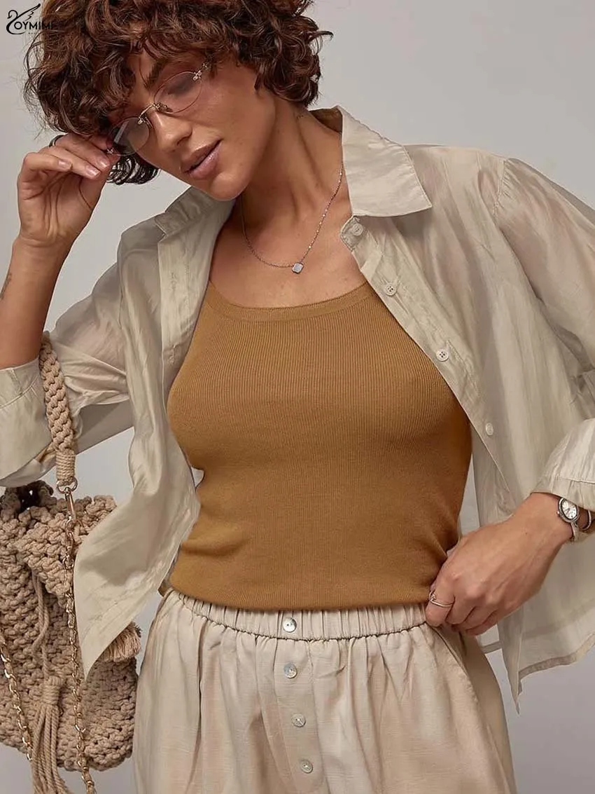 Oymimi Casual Khaki Loose Woman Blouses Autumn Turn-Down Collar Long Sleeve Blouses Fashion Single Breasted Translucent Blouse
