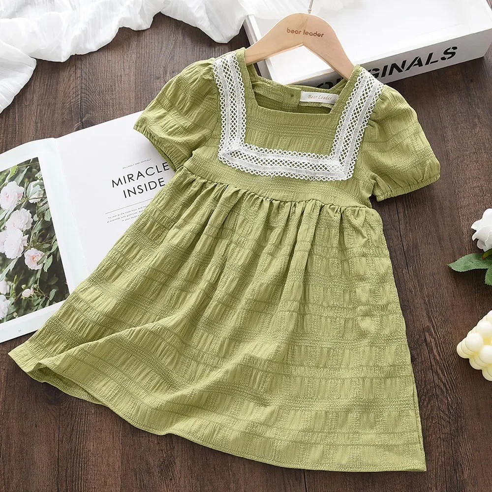 

Girls Summer Fashion Puff Sleeve Square Collar Cute Princess Dress 1 Pc 2-7 Years Kids Solid Color Casual Clothing
