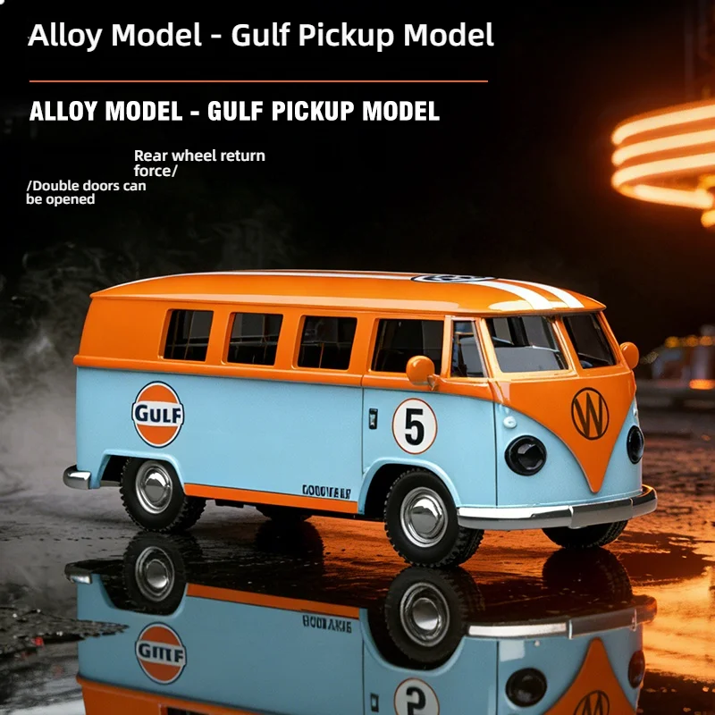

1:36 Gulf Volkswagen VW Bus Alloy Car Model, Diecast Vintage Van with Openable Doors & Pull Back, Collectible Gift for Kids & Ad