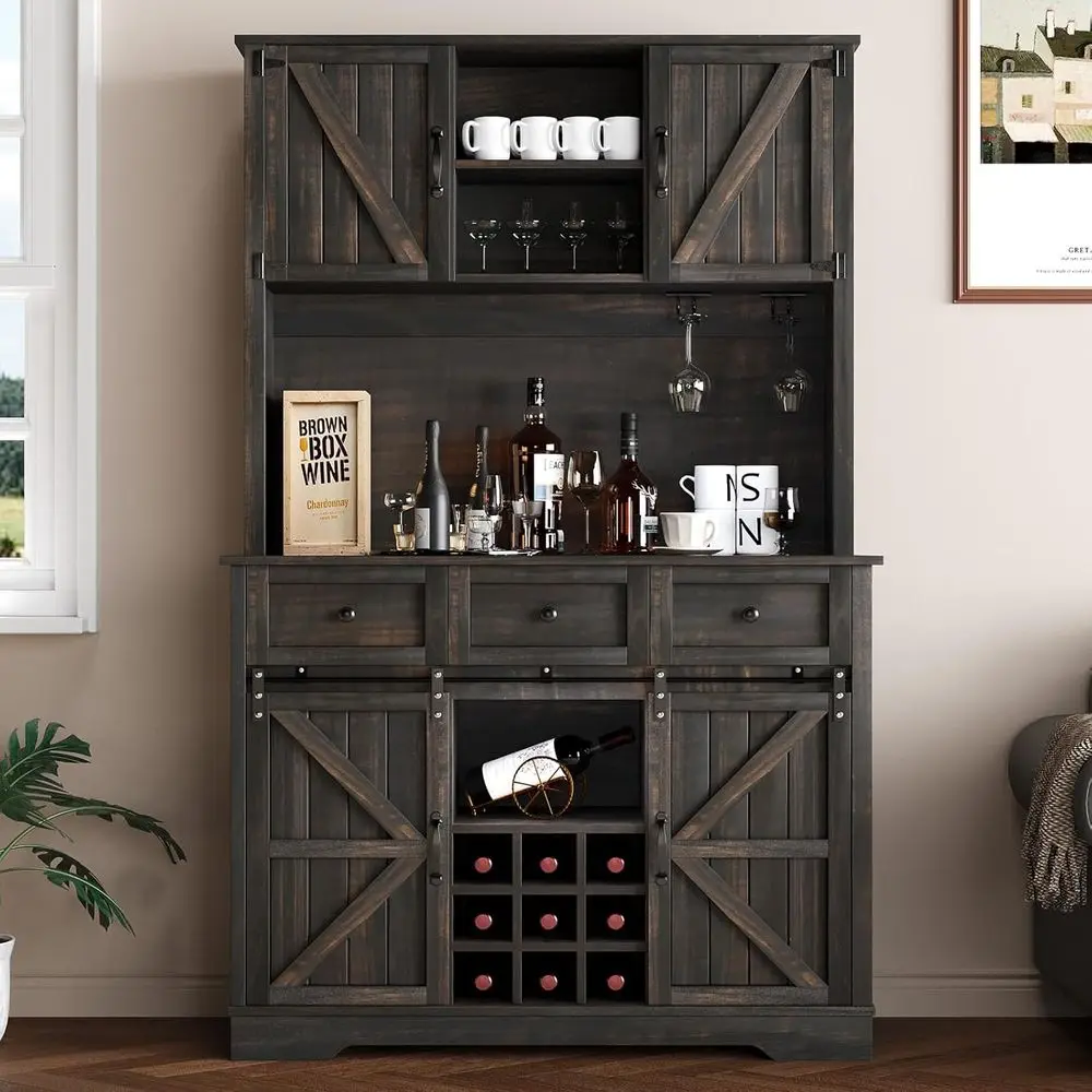 

Rustic Oak 72 Coffee Bar Cabinet with Sliding Barn Door, Wine Racks, and Hutch Storage