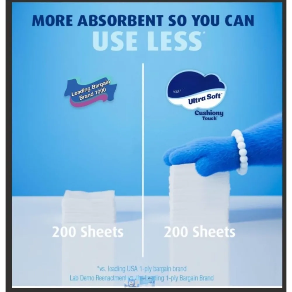 ورق تواليت فائق النعومة يعمل باللمس، 18 لفة ميجا عائلية = 90 لفة عادية