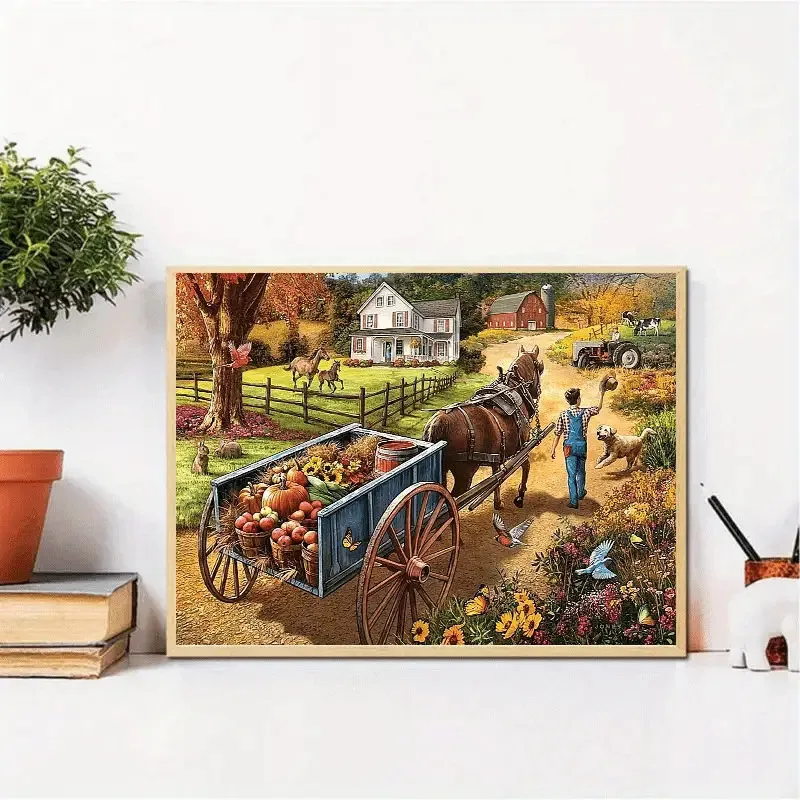 1000ピース特大ジグソーパズル - 馬車、納屋、カボチャ、ヒマワリが描かれたヴィンテージ農場の風景 - 挑戦的なパズル