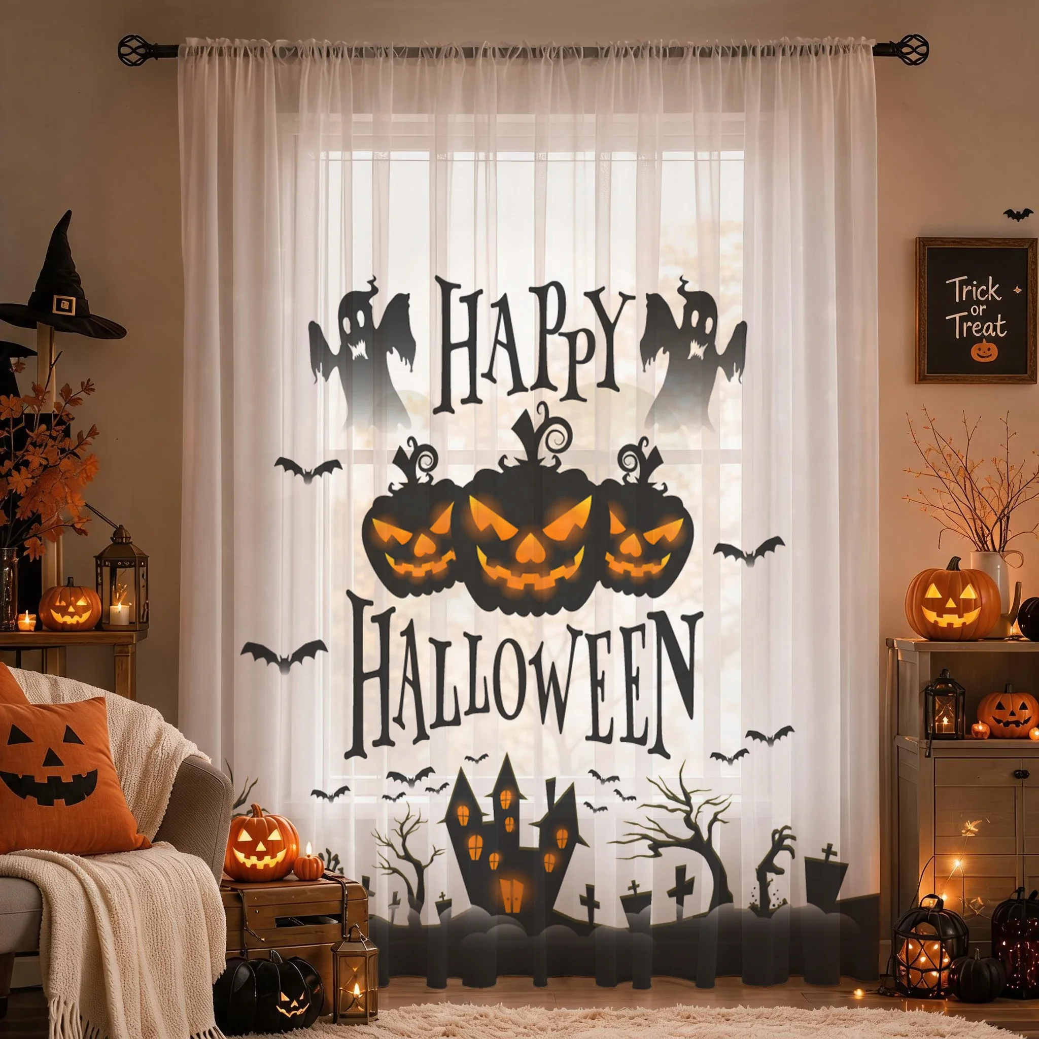 Halloween Festival Sheer Curtain, Good Quality Light Reducing Privacy Voile For Living/Bedroom/Kids Room,Halloween FestivalGift