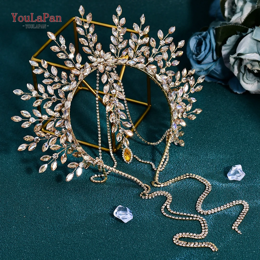 

YouLaPan Champagne Color Bridal Crown Headband Handmade Headdress for Women Crystal Tassel Wedding Headpiece Accessories HP952