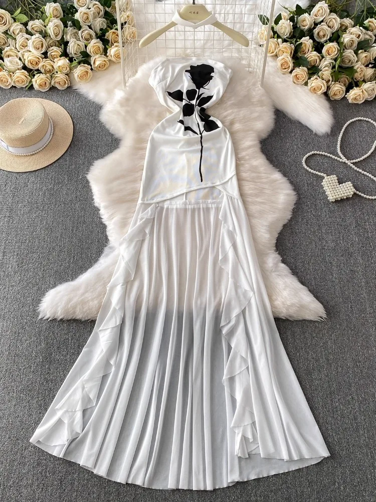 

Y2k сексуальное платье с принтом роз, женское тонкое сетчатое лоскутное платье с открытыми плечами, модная уличная одежда с разрезом на шее, нерегулярные шикарные платья