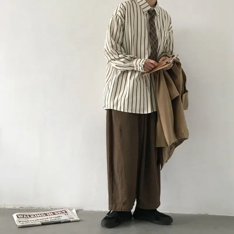 

Unisex Couple Vintage Japanese Style Two Piece Set Long Sleeve Striped Shirt Spring Autumn Casual Outfit