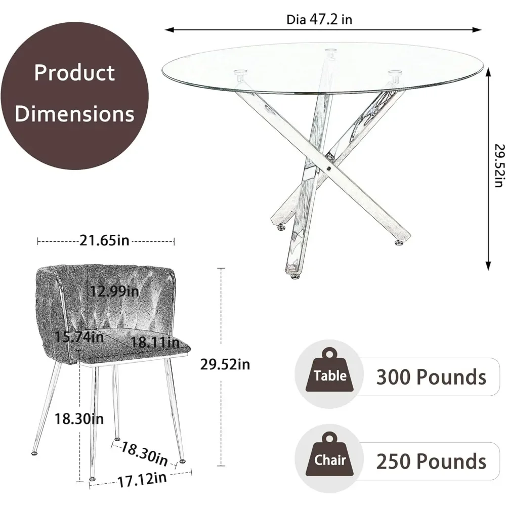 Set di tavoli da pranzo rotondi di lusso, tavolo da cucina circolare minimalista da 5 pezzi e set di sedie in tessuto nero, set da sala da pranzo