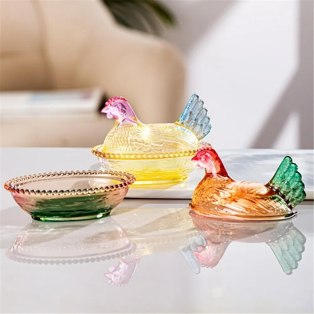 New Glass Chicken Shaped Dish With Lid Hen on Nest Candy Dish Dessert Plate Table Decorations view 5