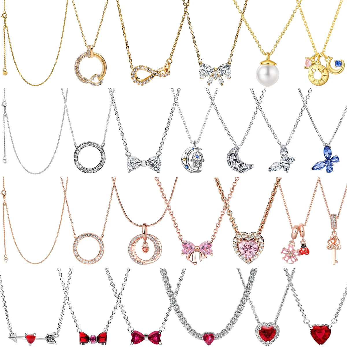 حار بيع الأصلي 925 فضة ملون ربطة القوس فيونكة قلادة الأحمر القلب قلادة جولة قلادة الكلاسيكية DIY غرامة هدية عيد الميلاد #1