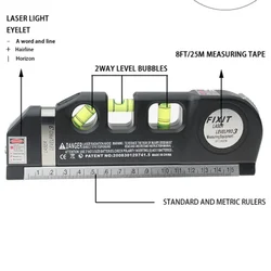 Laser Level Multipurpose Line Laser Leveler Tool, Cross Line Lasers With 8FT 2.5M Standard Measure Tape And Metric Rulers