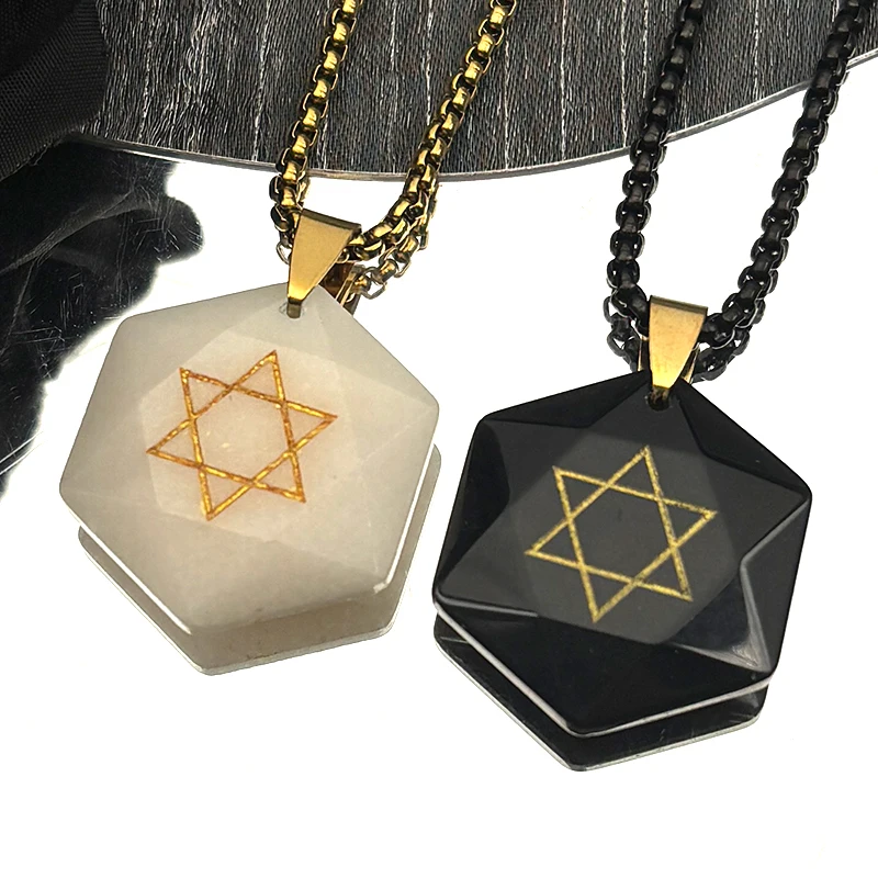 Jewish Star Of David Shield Stainless Steel Chain Necklace for Men Women Gold Black Color Natural Stone Hexagram Pendant Jewelry