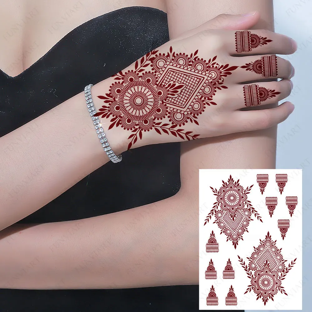 Maroon Henna Tattoo Stickers for Hand Brown Henna Instant Tattoo for Women Body Art Waterproof Temporary Tattoo