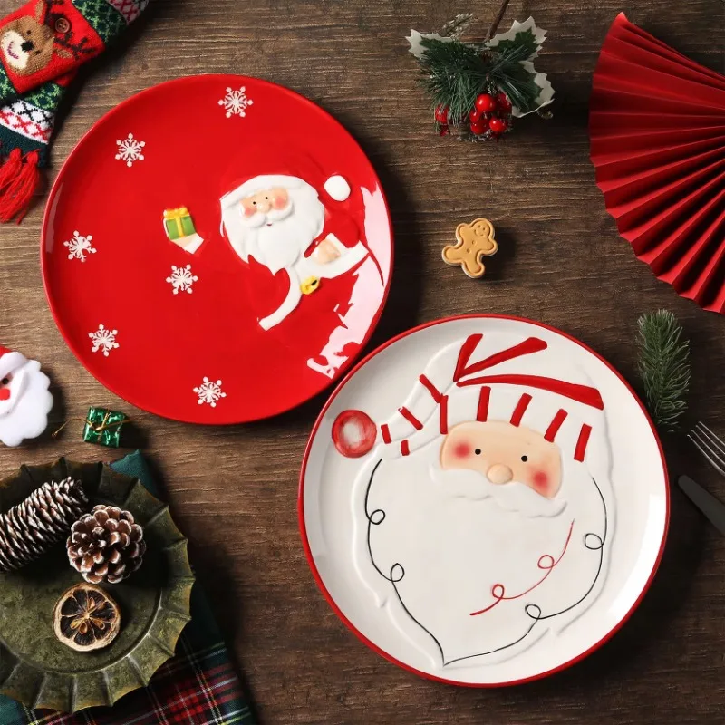 Hand-Painted Christmas Dinnerware Santa Claus Round Plates Porcelain Cartoon Dishes for Holiday Meals Seasonal Dining Plates