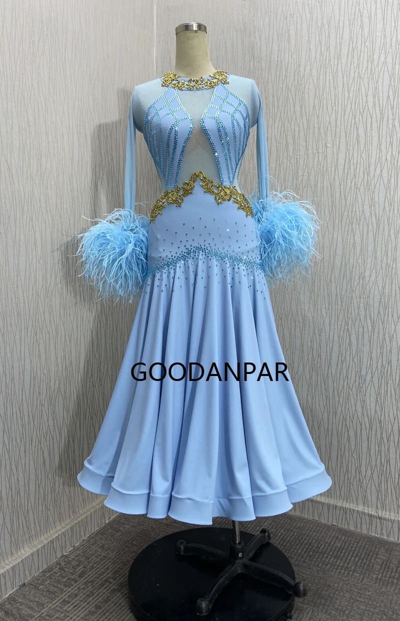 GOODANPAR New Standard Ballroom Dance Dress Women Girls Competition Costume Sleeveless Lycra Waltz Stage Costume light blue feat