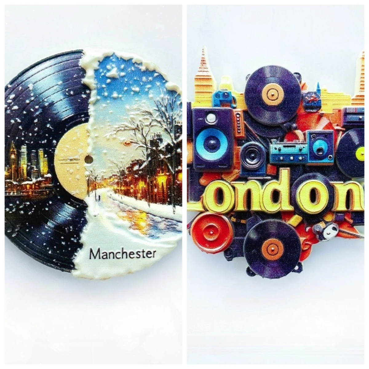 Imán de Nevera de Vinilo con Diseño de Nieve de Manchester - Escena Musical y Invernal Icónica en 3D, Recuerdo Británico Único para Viajes y Decoración Urbana