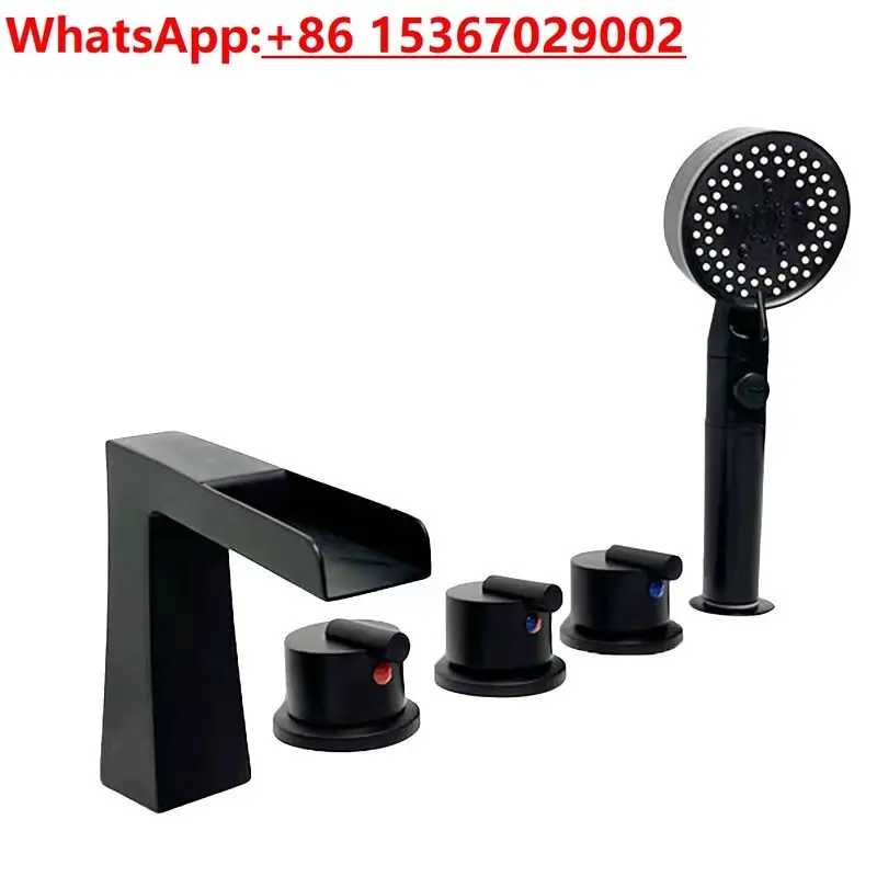 

All-copper hot and cold split type seated cylinder side waterfall black five-piece faucet bathtub side faucet