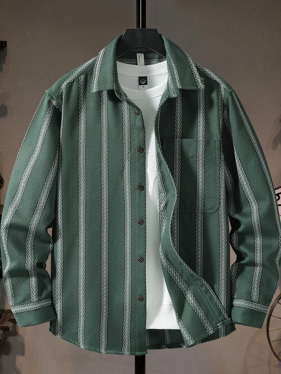 

Классическая американская мужская рубашка в полоску свободного кроя с длинным рукавом, отложным воротником, повседневная, молодежная, из смесового полиэстера