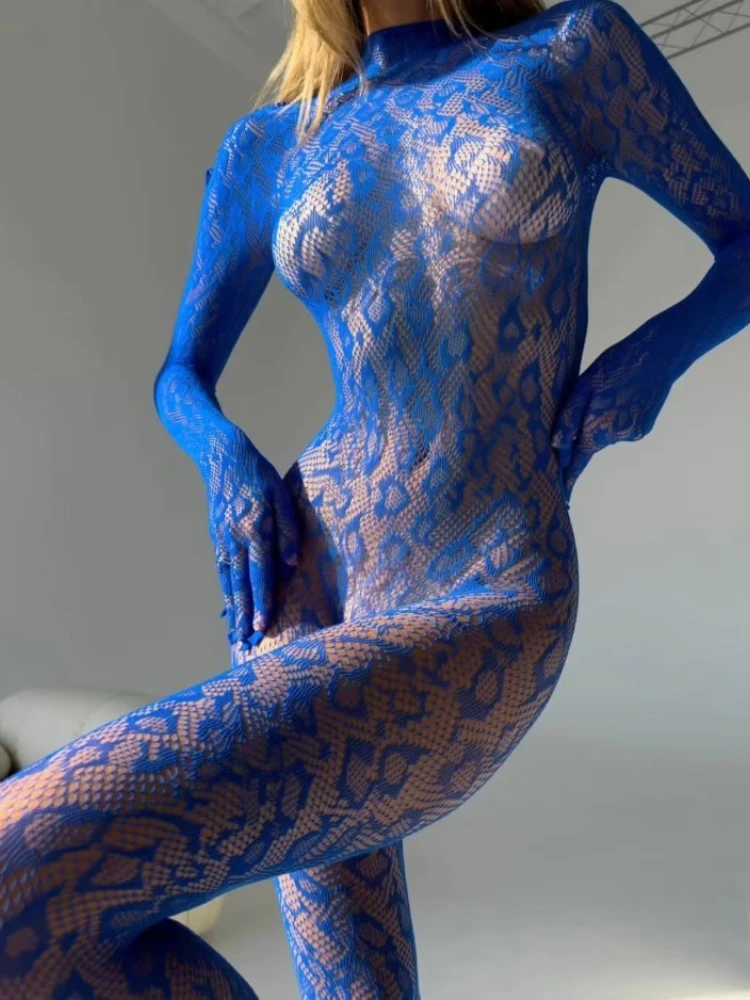 Women's Sheer Mesh Snakeskin Bodysuit Catsuit Long Sleeve High Neck Open Back Full Body See Through Lace Bodycon Lingerie 2026