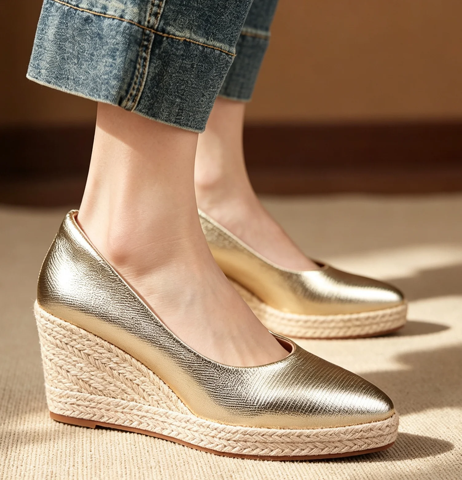 EAGSITY zapatos de esparto dorados con cuña para mujer, zapatos de tacón alto con punta puntiaguda, zapatos de fiesta