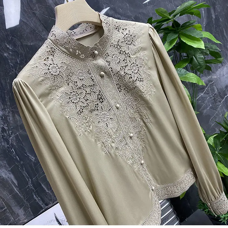 Blouse female European and American embroidery stand-up collar long-sleeved heavy imitation silk mulberry shirt women autumn