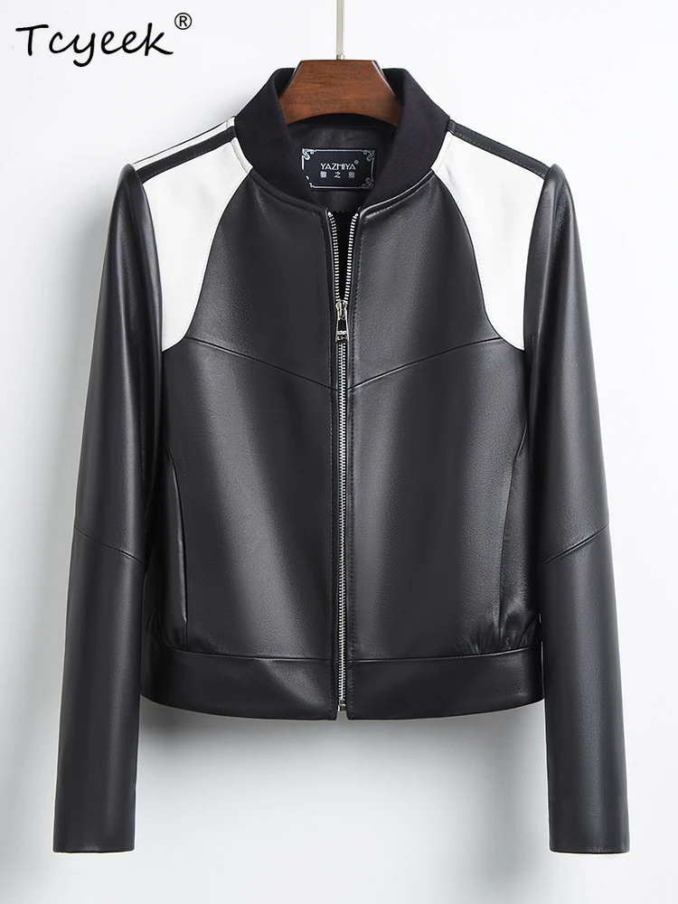 Tcyeek véritable peau de mouton femmes veste en cuir printemps automne col montant à manches longues noir maillot de Baseball Chaqueta Cuero Mujer