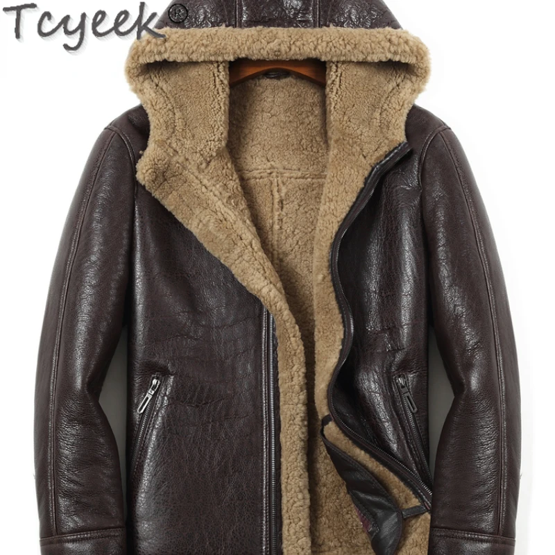 

Tcyeek Hooded Lamb Wool Thicken Real Leather Jacket Men Clothes Winter Sheepskin Motocycle Jackets Fashion Mens Natural Fur Coat