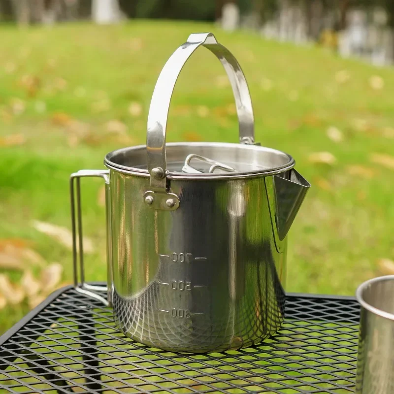 Outdoor Stainless Steel Kettle 1.2L Mountaineering Camping Tea Pot, Portable Hanging Cookware Coffee Picnic Pot