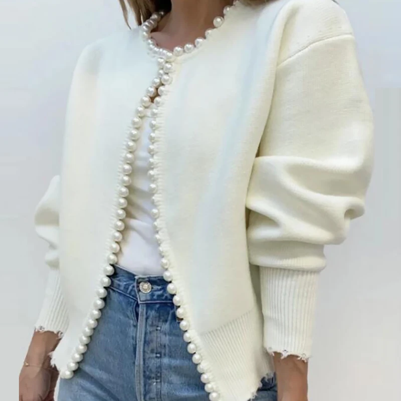 Women Casual Cardigan Sweater Elegant Long Sleeve Knit Sweater With Pearls Elegant White Sweater Coat Jacket