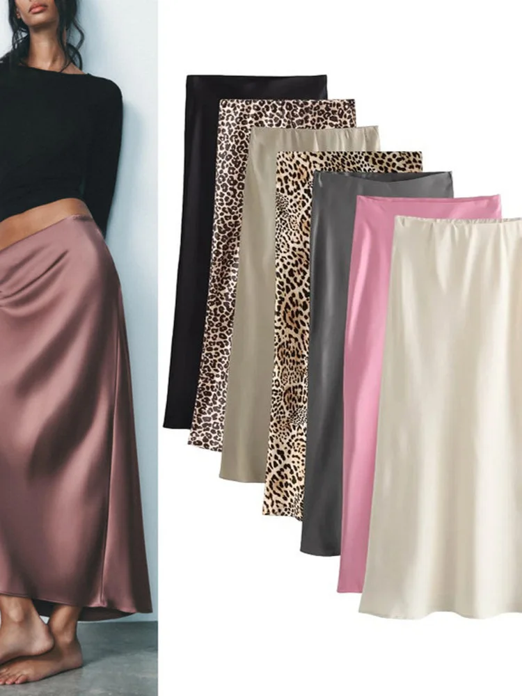 

Шелковая атласная юбка с высокой талией и принтом, женская длинная юбка трапециевидной формы, летняя коллекция для поездок на работу, китайский производитель