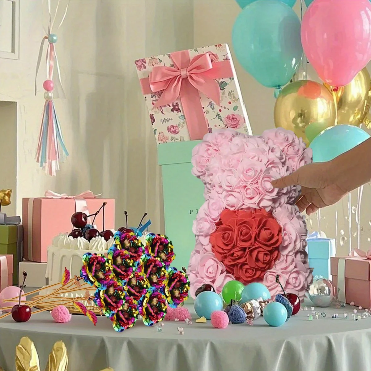 

Rose Flower Bear with 10Pcs Colorful Gold Foil Roses, 9.8in Hand Made Rose Teddy Bear with Clear Gift Box, Best