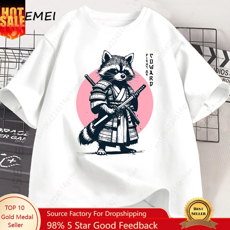 

Fight Me Coward Vintage Samurai Raccoon T Shirt Japanese Cat Funny Graphic T-shirt Cotton Short Sleeve O Neck Tees Mens Clothing