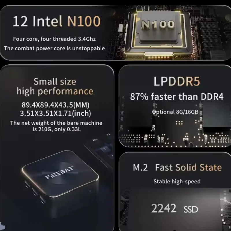 FIREBAT T8 PRO Intel N200/N100 Quad Core Pocket PC Windows 11 Pro DDR5 16G en cours d'exécution 512G SSD WIFI5 3 * HDMI 4K Mini PC pratique