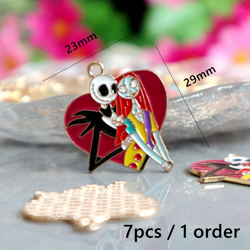 7pcs Larger Halloween Skeleton Alloy Enamel Pendant Love Heart Moon Stars Romantic Metal Charms DIY Jewelry Keychain Accessory