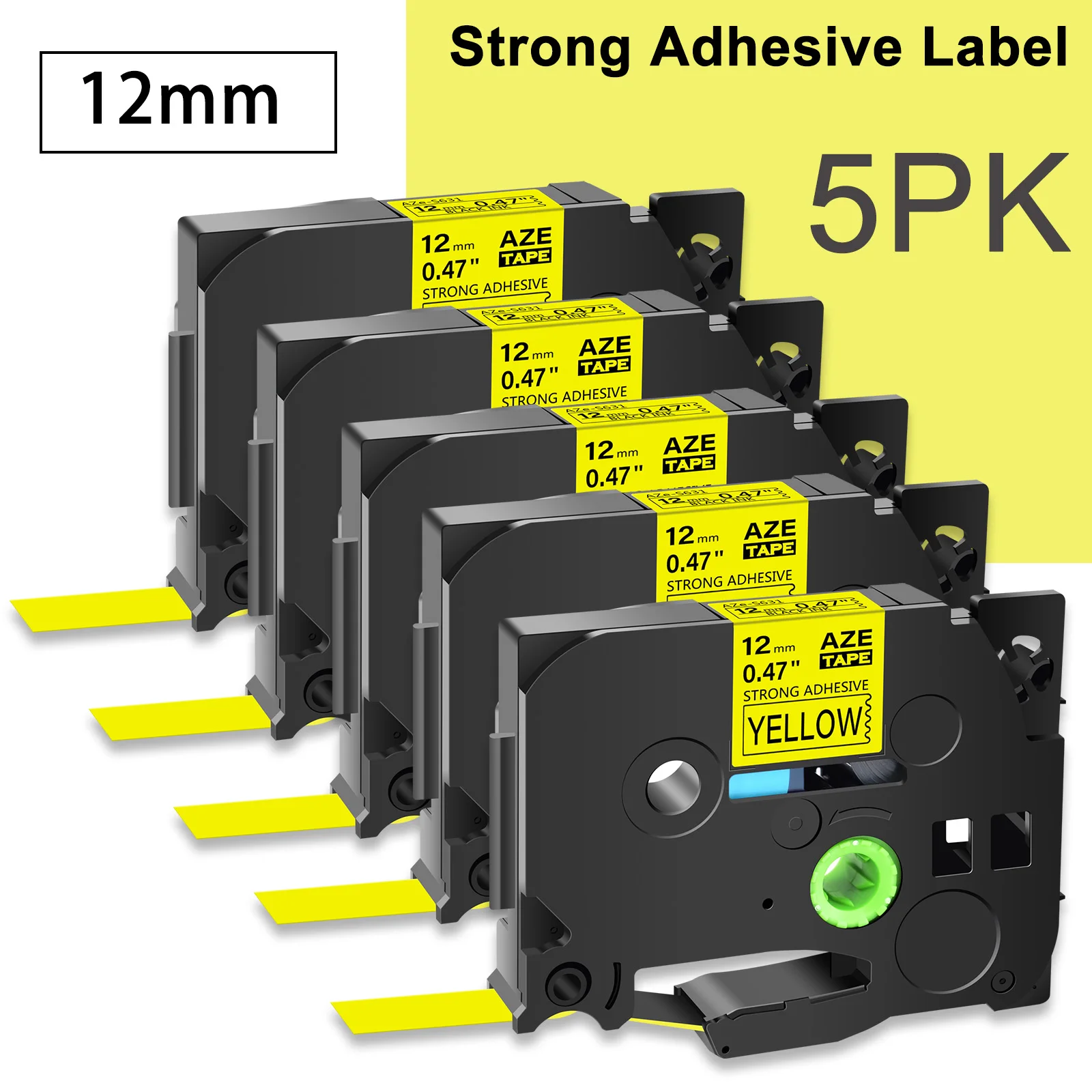 5Pcs 9/12/18/24mm Strong Adhesive Laminated Label Tape Compatible for Brother TZe-S631 641 P-Touch Black on Yellow Label Printer