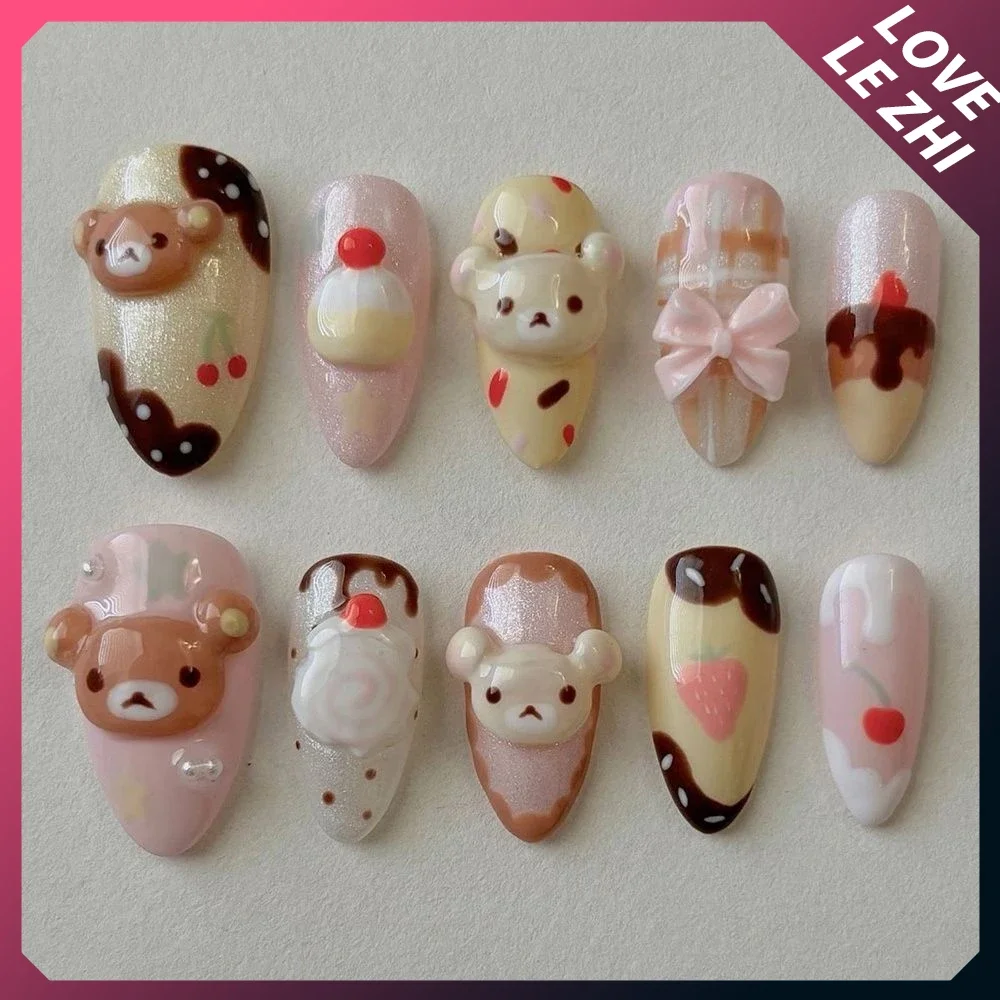 10Pcs Kawaii Rilakkuma Handmade Reusable Fake Nails Cute 3D Cartoon Bowknot Strawberries Bread Nails Party Stickers Gifts