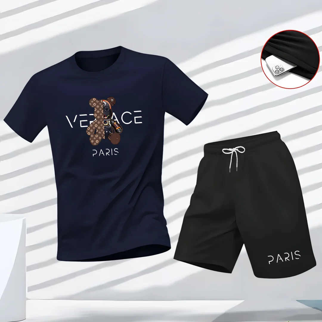 Men's 2-Piece Luxury Bear Print T-Shirt Shorts Set Casual Summer Tracksuit Breathable Short Sleeve T Black Shorts for Streetwear
