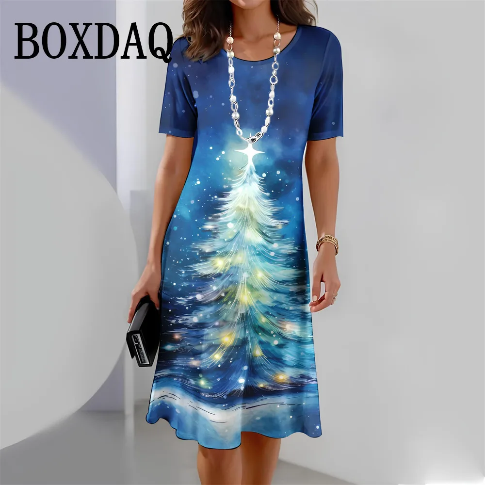 Christmas Tree Print Women Party Dress Casual Women Evening Dress Summer Fashion Loose Ladies Mini Dress Festival Famale Clothes