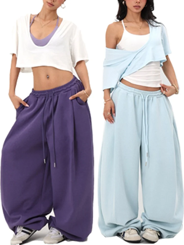 Retro American Hip Hop Jazz Dance Embroidered Loose Women's Sports Pants Wide Leg Casual Dancing Trousers Versatile Slimming