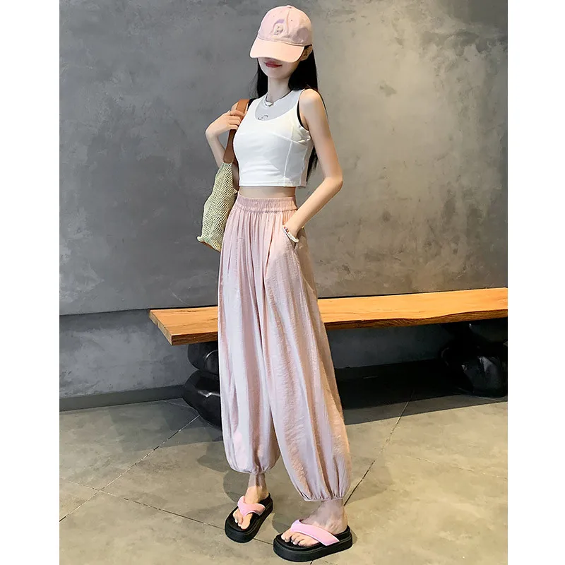 Spring Summer Thin Ice Silk Loose Slimming Nine Points Harlan Pants Lantern Pants Spor Casual High Waist Trousers Commuting 2025
