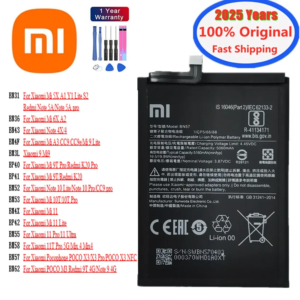 New Original Battery For Xiaomi Redmi Note K20 4 4X Mi 11 11T 10 10T 9 9T 9 9T Lite 6X 5X A2 Pro Ultra Mix 4 CC9 POCO X3 Battery