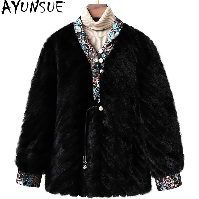 AYUNSUE ミンクファーコート レディース 2025年新作 ブラックファーコート 冬用コート レディース 中国風 Vネック レディース服 Шуба Женская